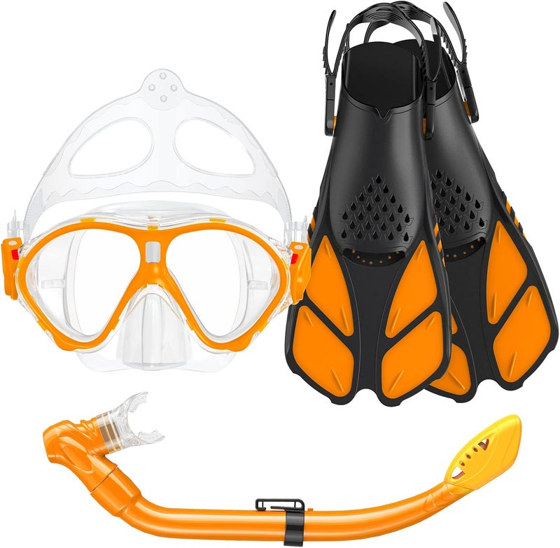 Seovediary Kids Snorkel Set, Mask Fins Snorkeling Gear for Kids Anti-Fog Swim Goggles 180 Panoramic View Dry Top Snorkel and Dive Flippers Combo with Travel Bag for Snorkeling Training Swimming Diving - Image 1